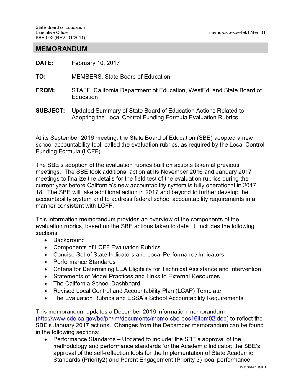 February 2017 Memorandum SBE Item 01 - Information Memorandum (CA State Board of Education)