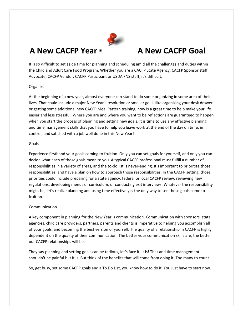 A New CACFP Year a New CACFP Goal