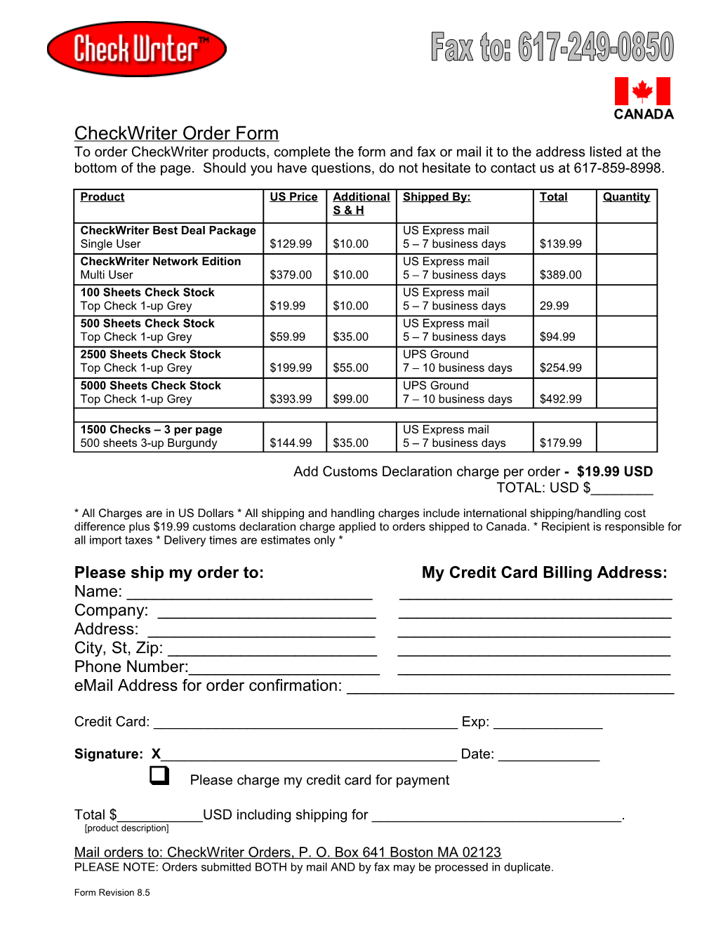 Checkwriter Order Form