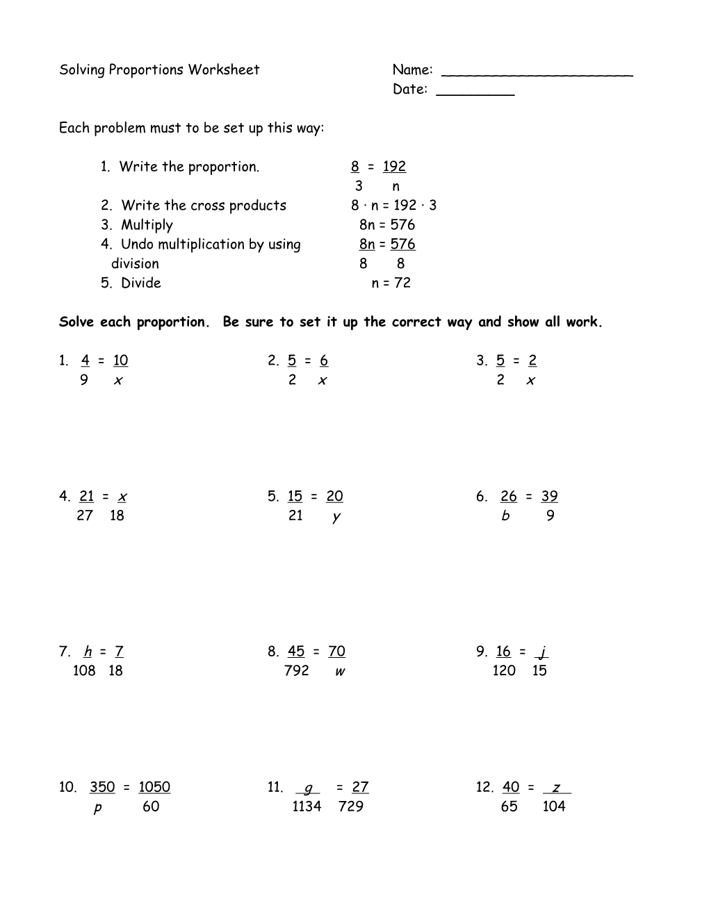 Solving Proportions Worksheet