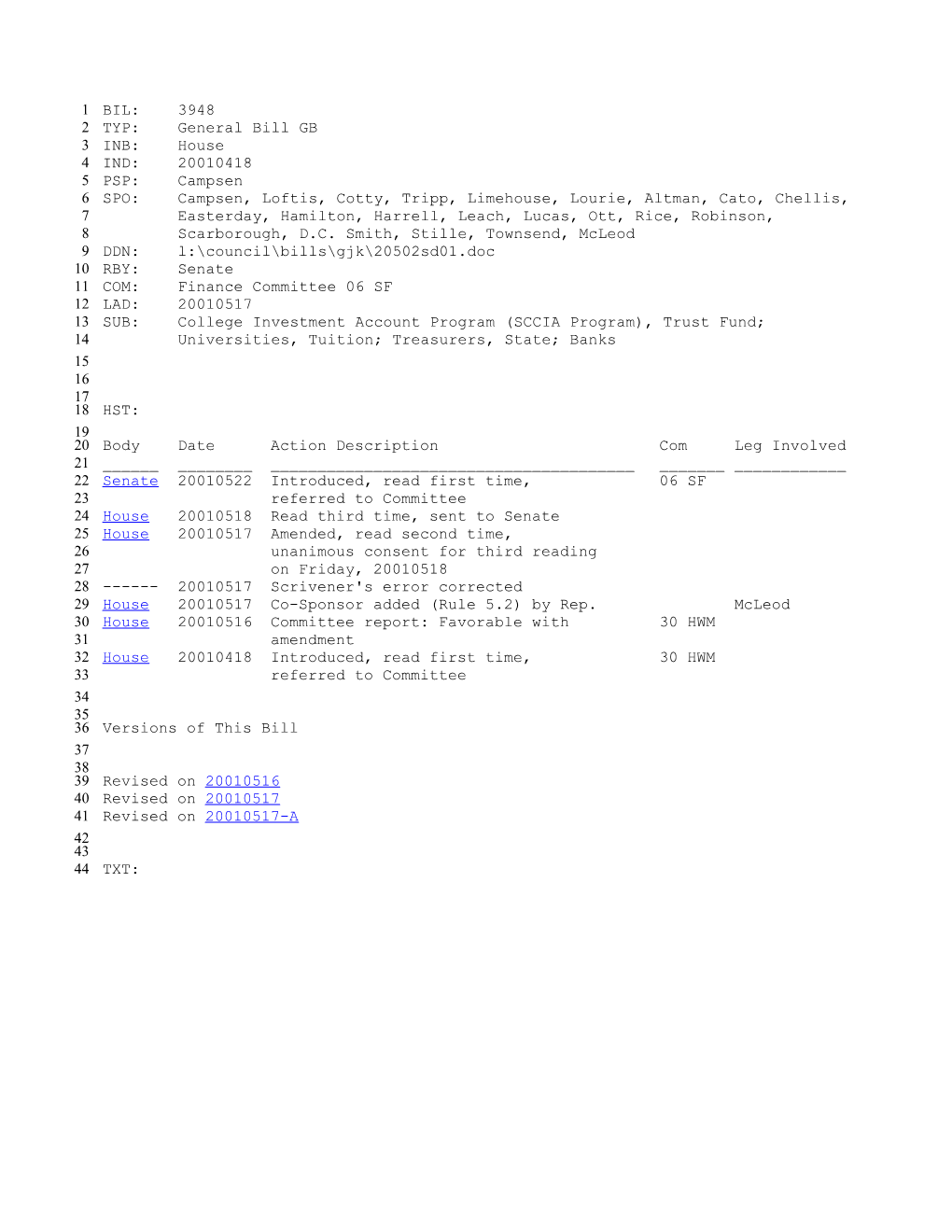 2001-2002 Bill 3948: College Investment Account Program (SCCIA Program), Trust Fund;