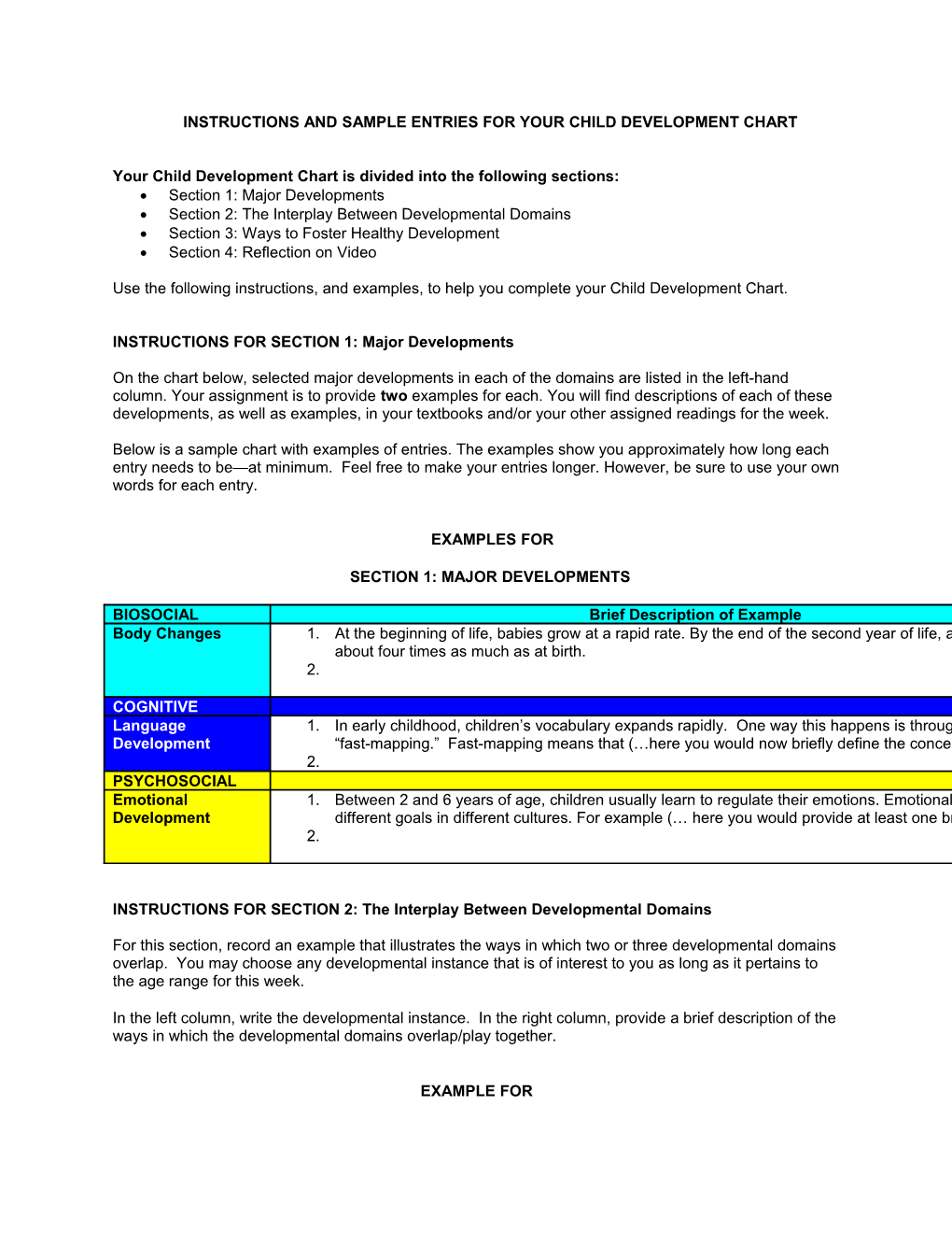 Instructions and Sample Entries for Your Child Development Chart