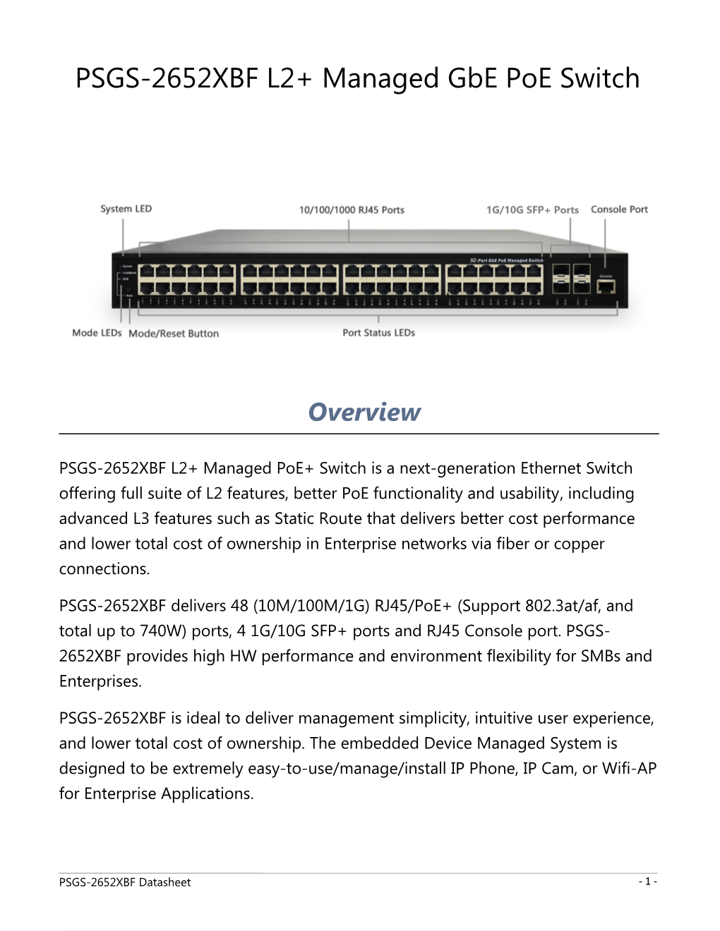 PSGS-2652XBF L2+ Managed Gbe Poe Switch