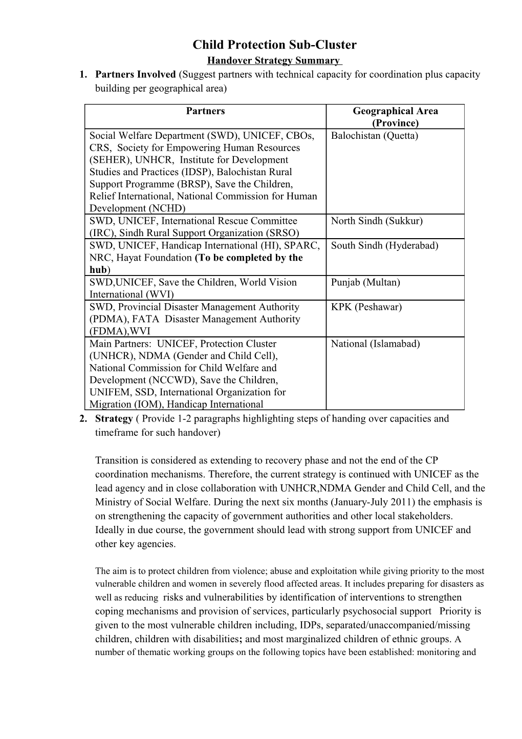 Child Protection Sub-Cluster