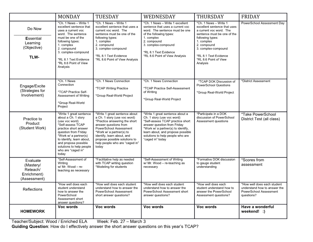 Teacher/Subject: Wood / Enriched ELA Week: Feb. 27 March 3