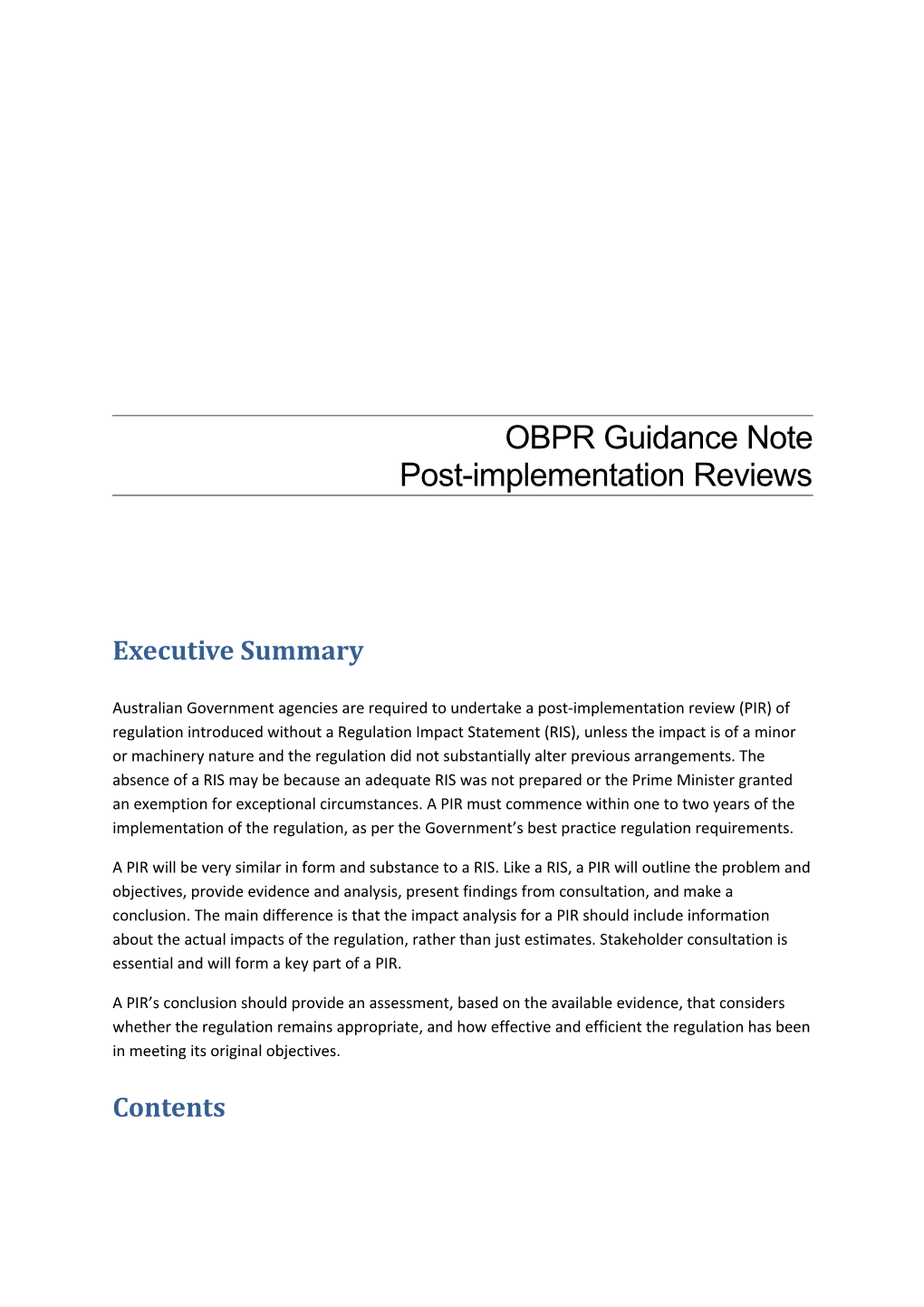 OBPR Guidance Note Post-Implementation Reviews