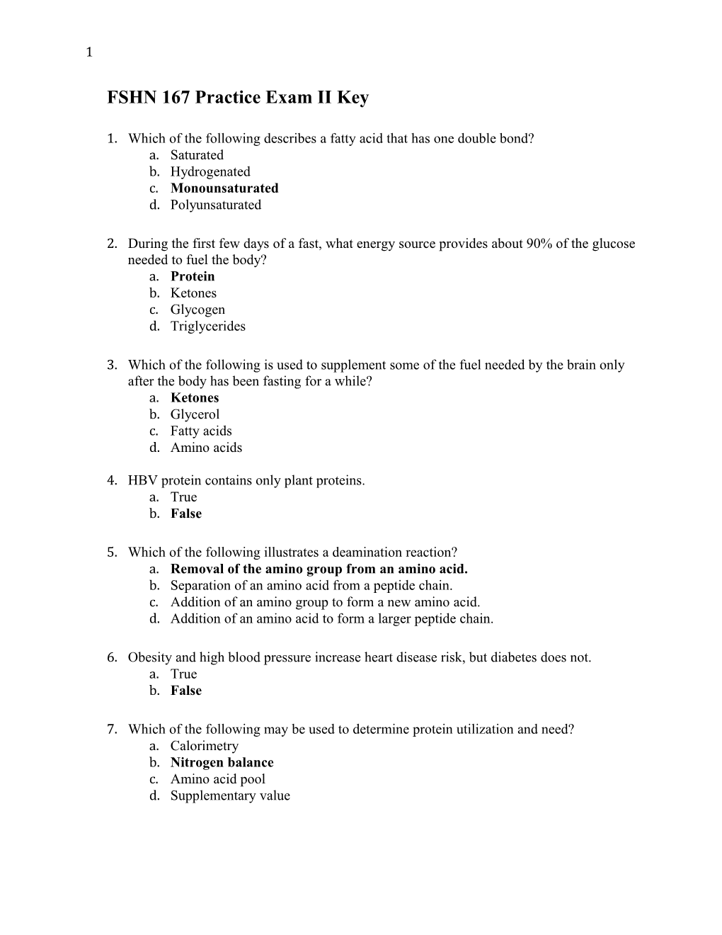 FSHN 167 Practice Exam II Key