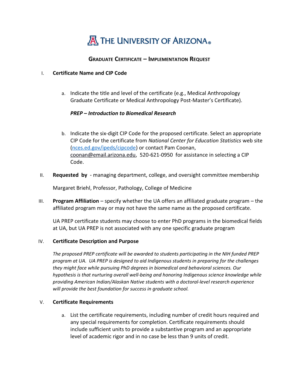 Graduate Certificate Implementation Request
