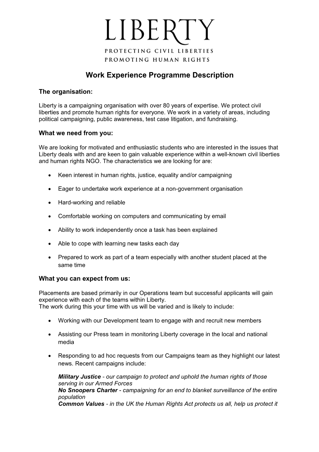 Work Experience Programme Description