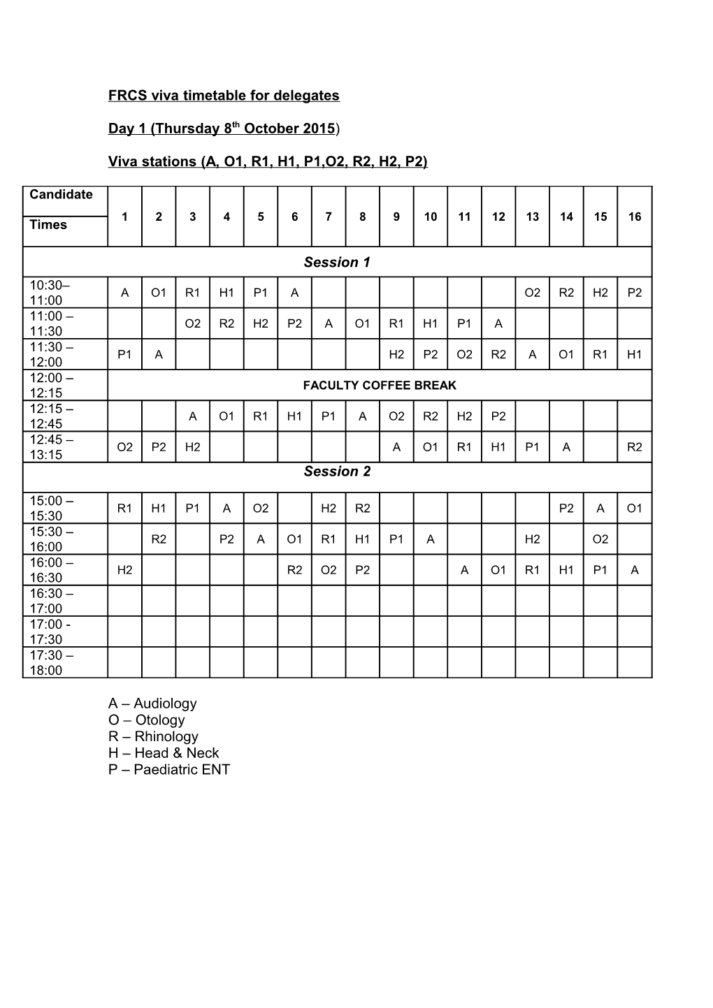 FRCS Viva Timetable for Delegates