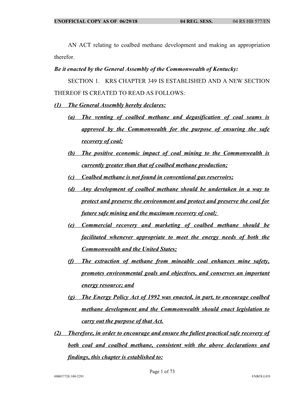 AN ACT Relating to Coalbed Methane Development and Making an Appropriation Therefor