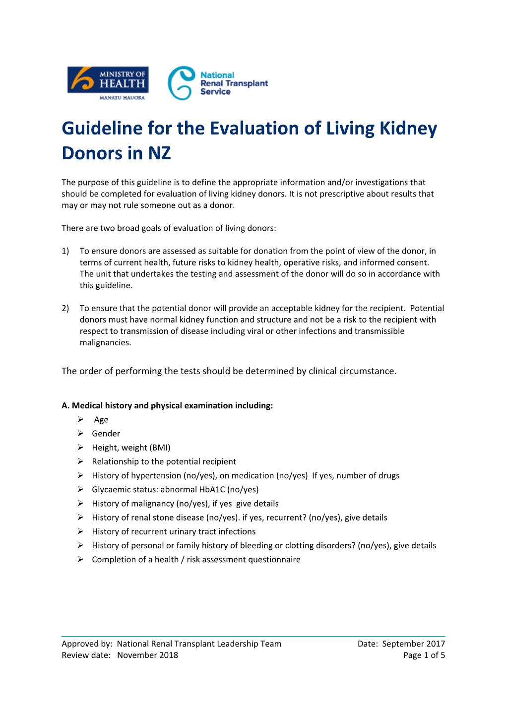 Guideline for the Evaluation of Living Kidney Donors in NZ