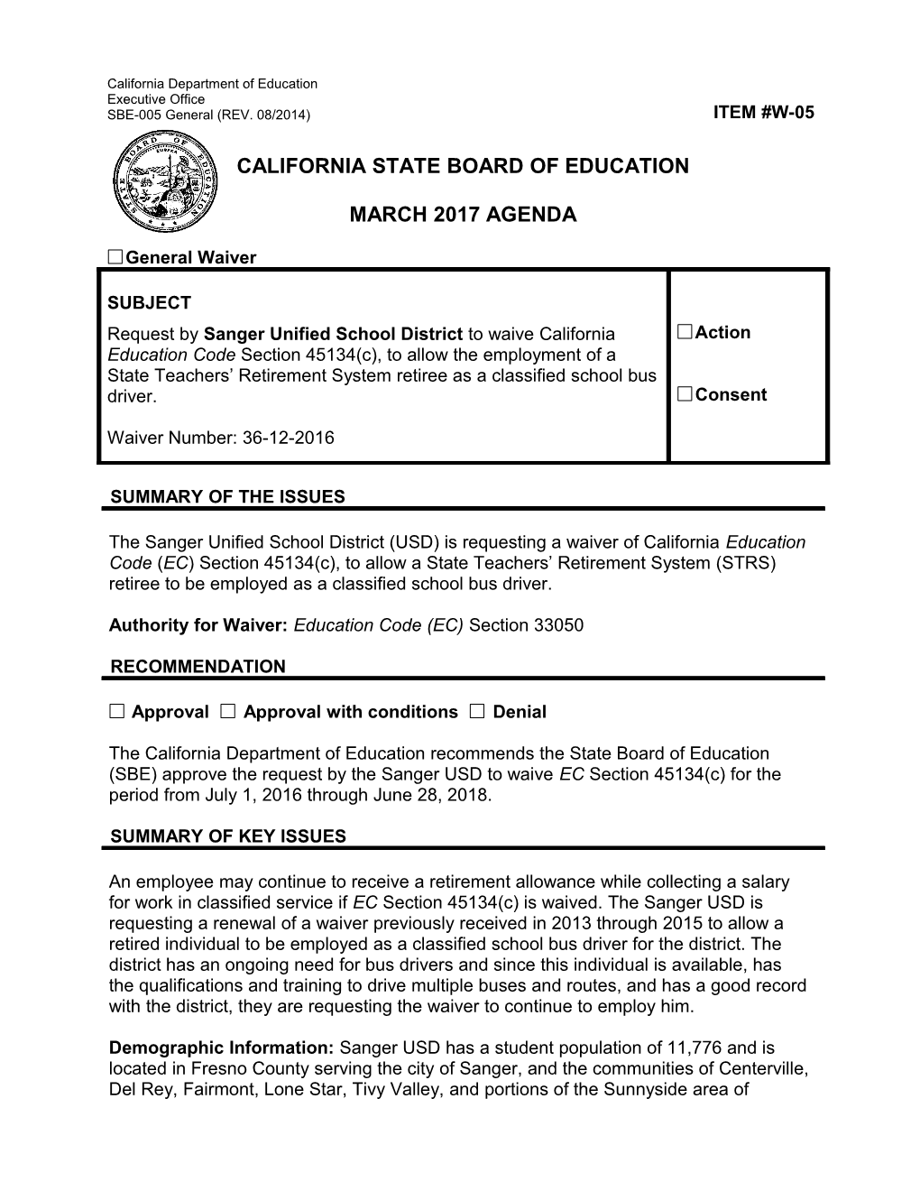 March 2017 Waiver Item W-05 - Meeting Agendas (CA State Board of Education)