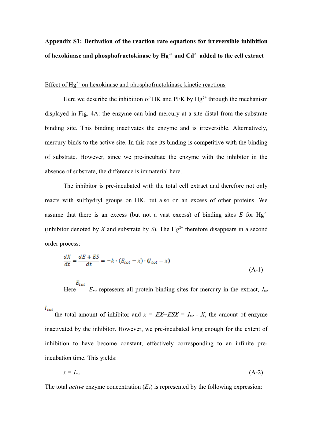 Appendix S1: Derivation of the Reaction Rate Equations for Irreversible Inhibition Of