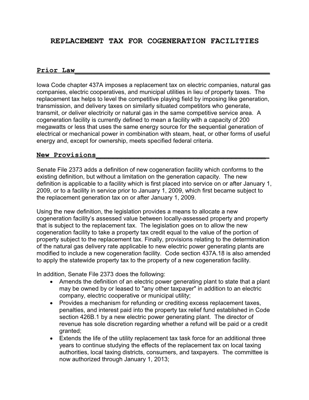 Replacement Tax for Cogeneration Facilities