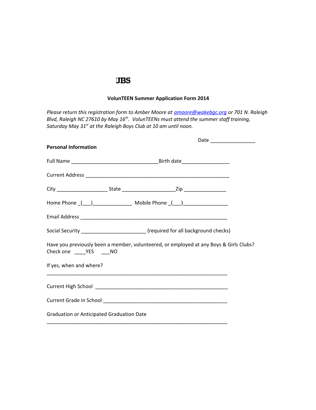 Volunteen Summer Application Form 2014