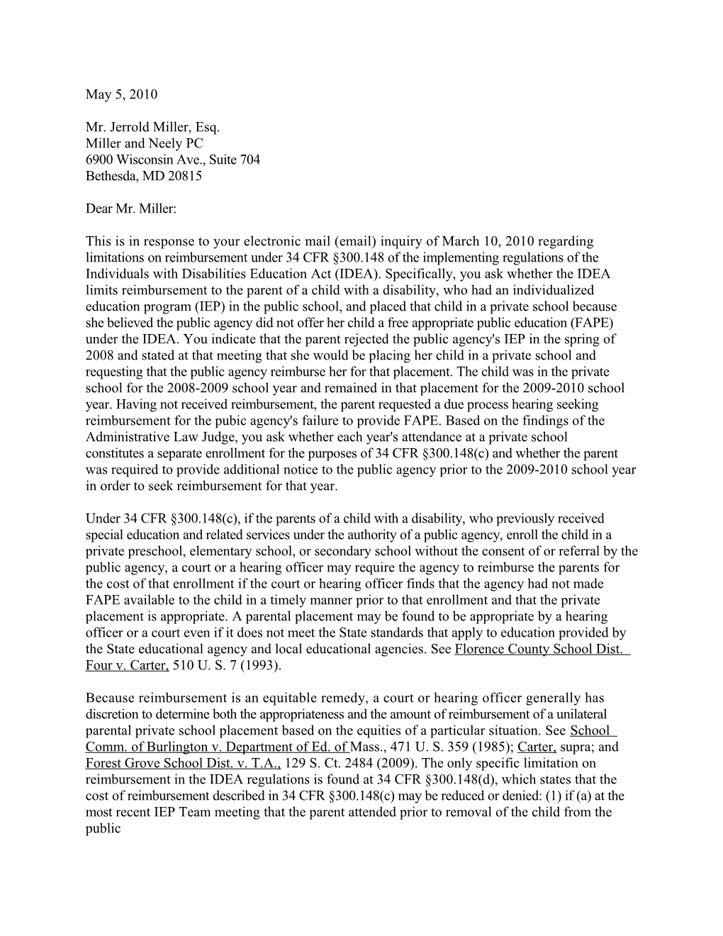 Miller Letter Dated 05/05/10 Re: Children in Private Schools (MS Word)