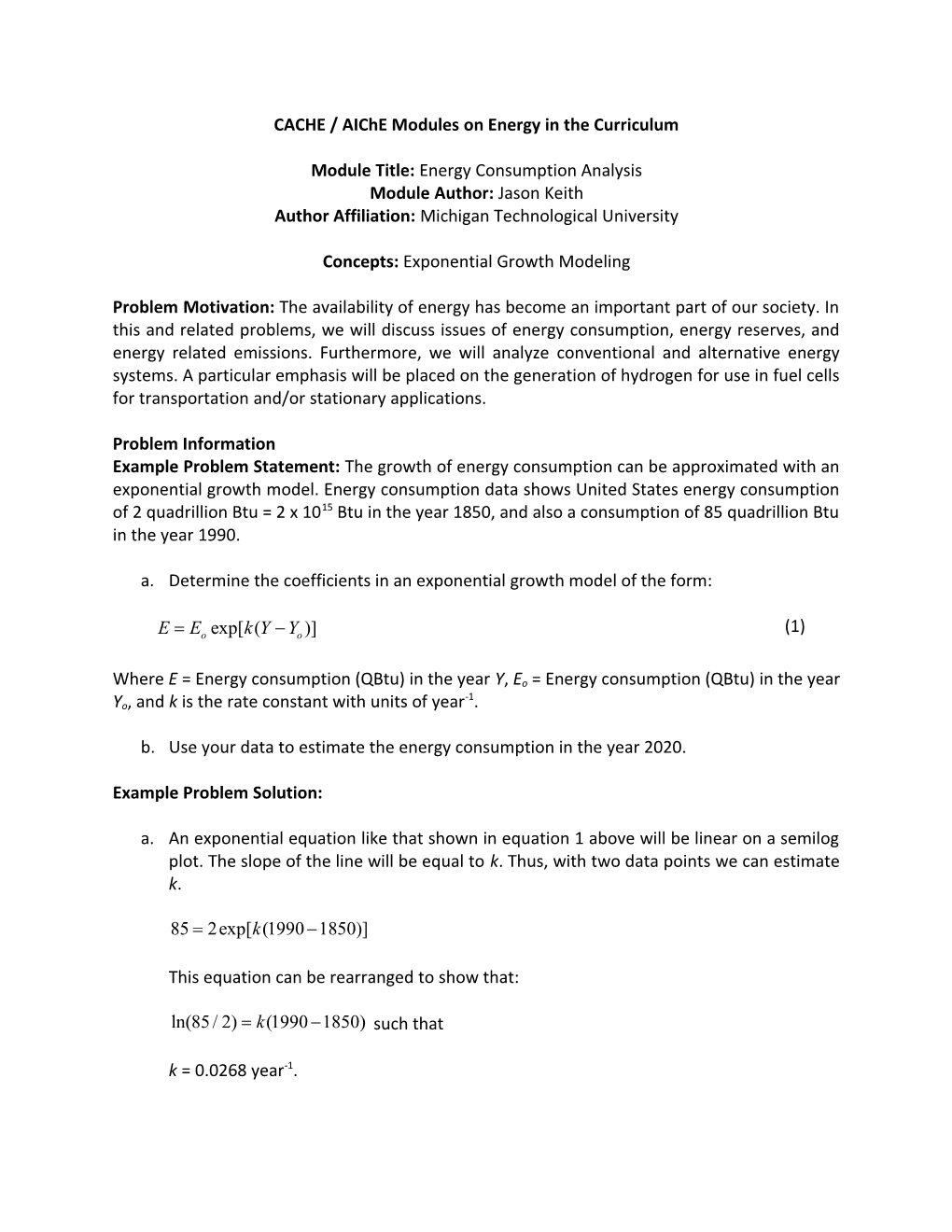 CACHE / Aiche Modules on Energy in the Curriculum