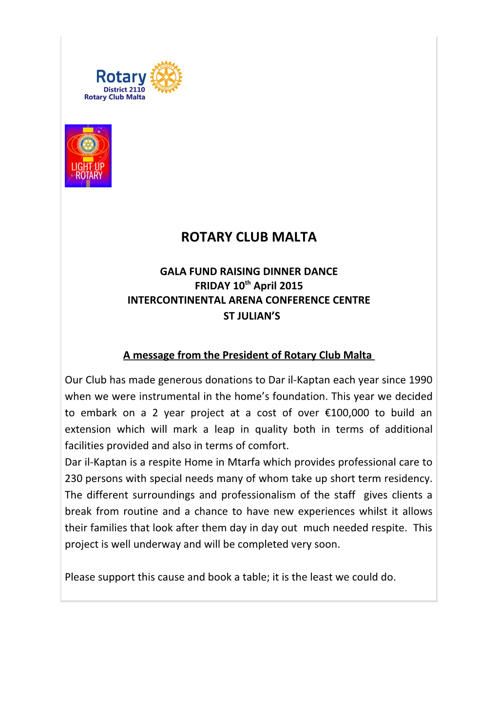 A Message from the President of Rotary Club Malta s1