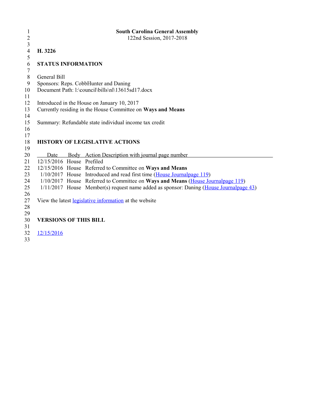 2017-2018 Bill 3226: Refundable State Individual Income Tax Credit - South Carolina Legislature