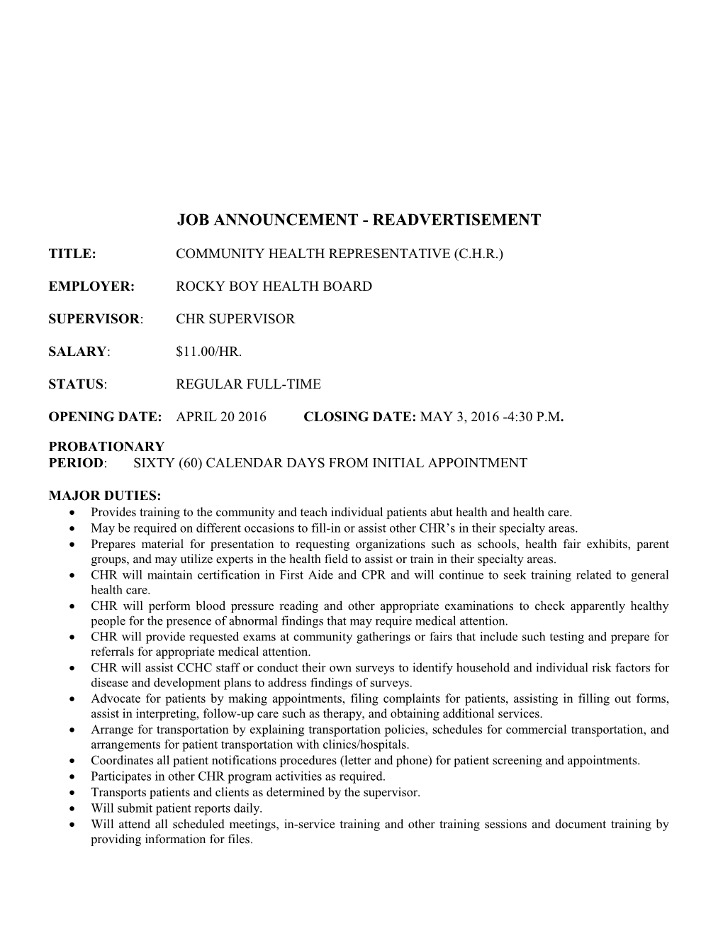 Job Announcement- Readvertisement