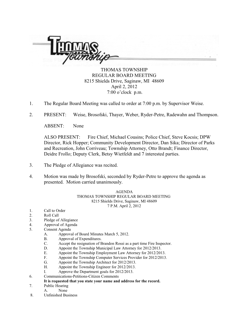 Thomas Township Board Meeting April 2012