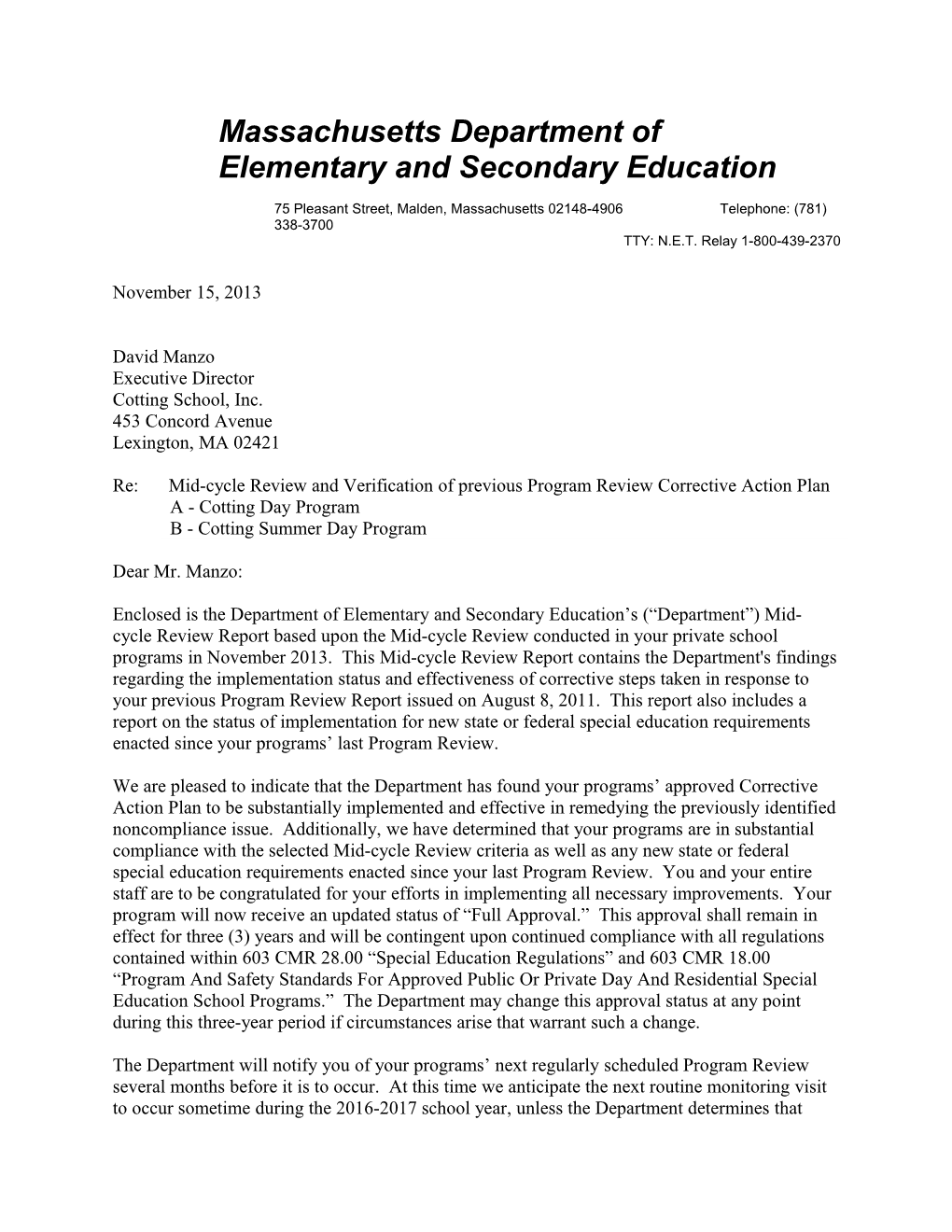 Cotting School, Inc. Mid-Cycle Report 2014