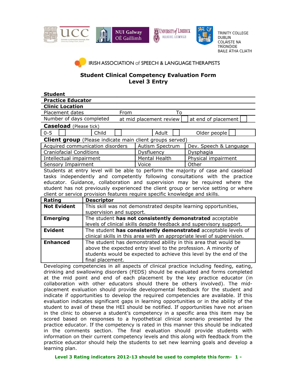 Student Clinical Competency Evaluation Form