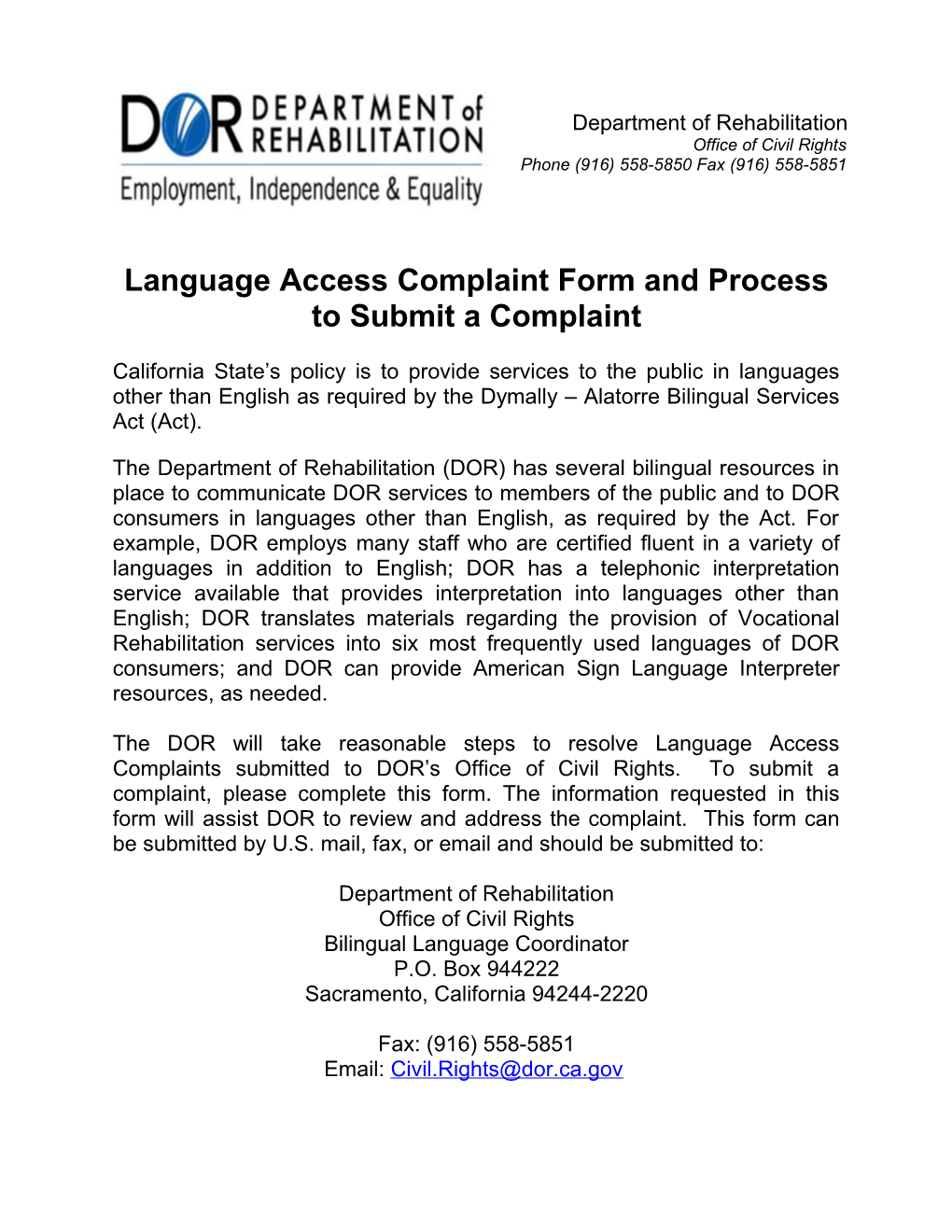 CAL FIRE Language Access Complaint Form - English
