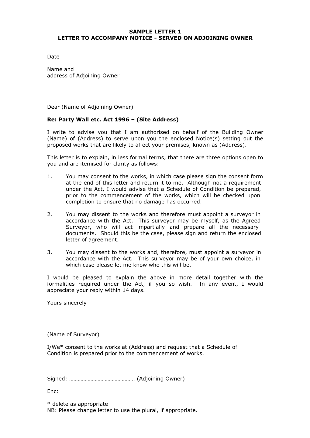 Letter to Accompany Notice - Served on Adjoining Owner