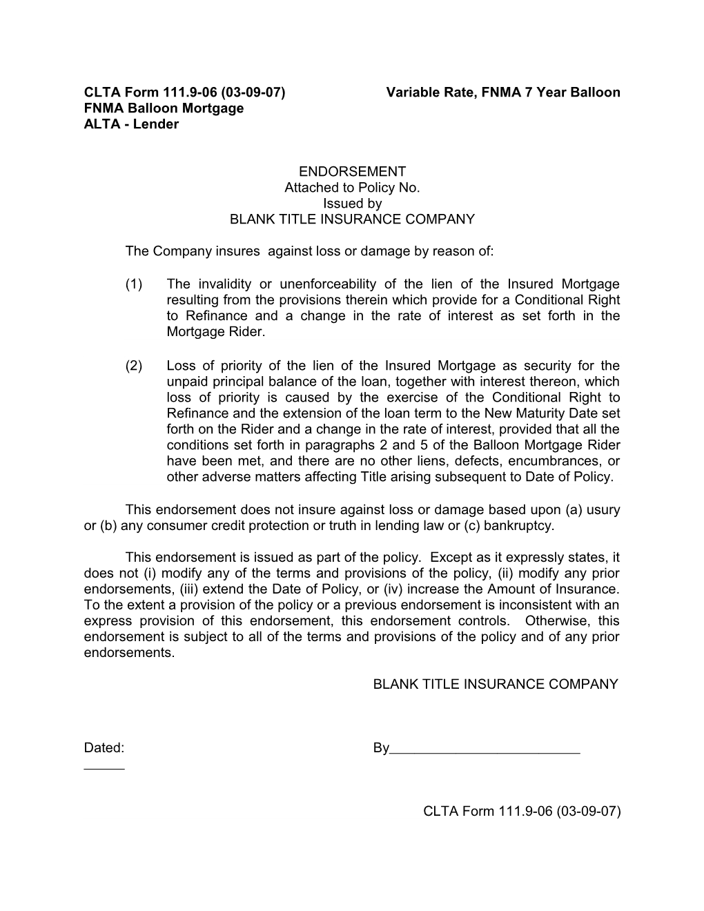 CLTA Form 111.9-06 (03-09-07) Variable Rate, FNMA 7 Year Balloon