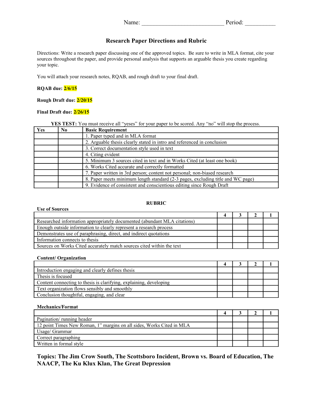 Research Paper Directions and Rubric