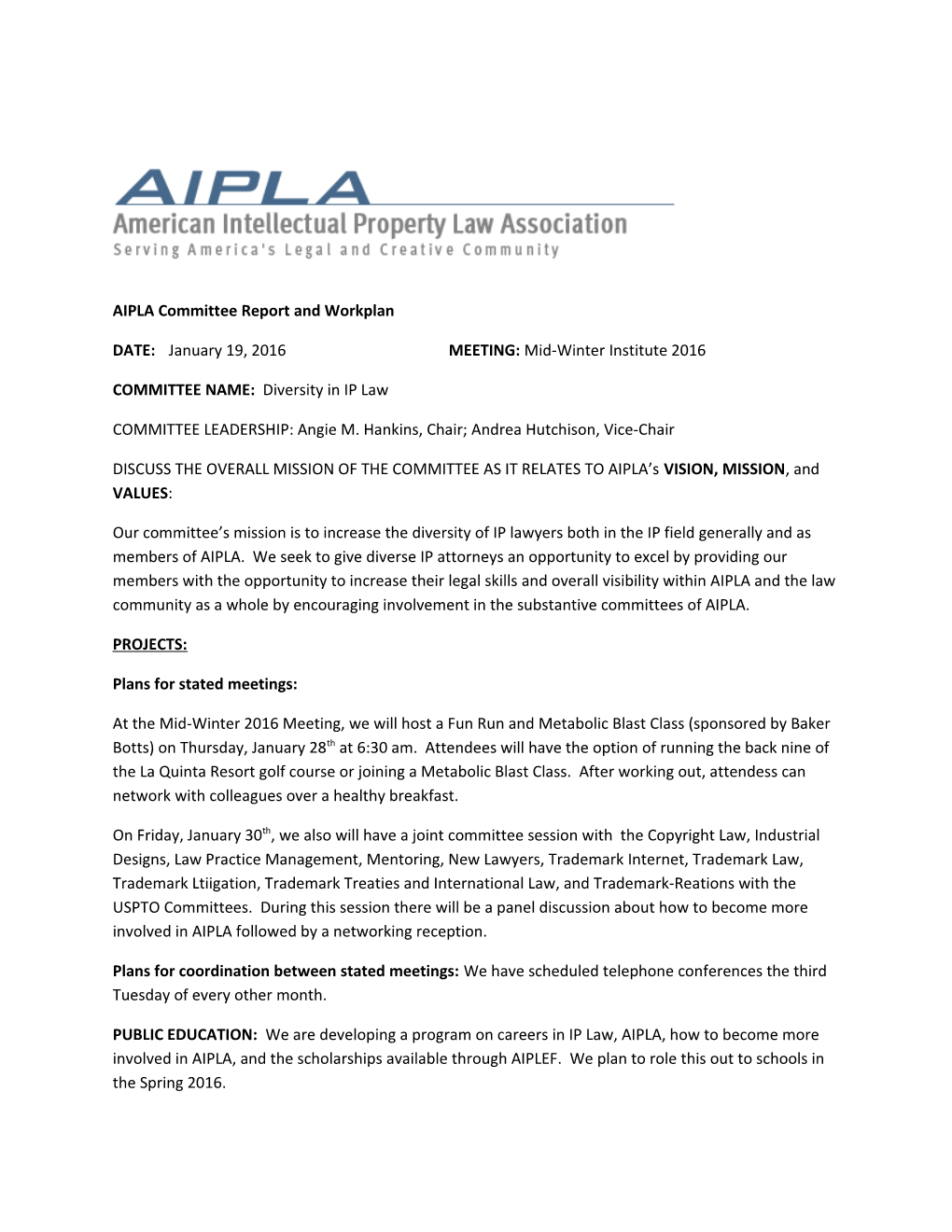 AIPLA Committee Report and Workplan