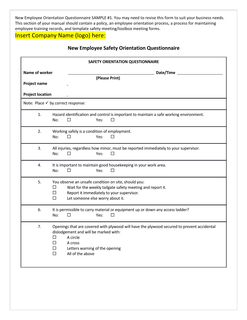 New Employee Safety Orientation Questionnaire