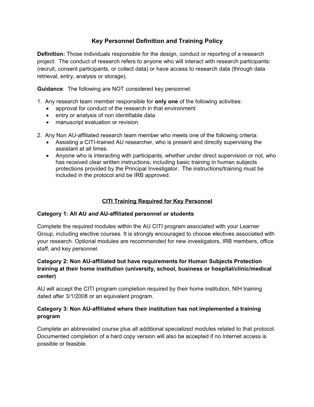 Key Personnel Definition and Training Policy