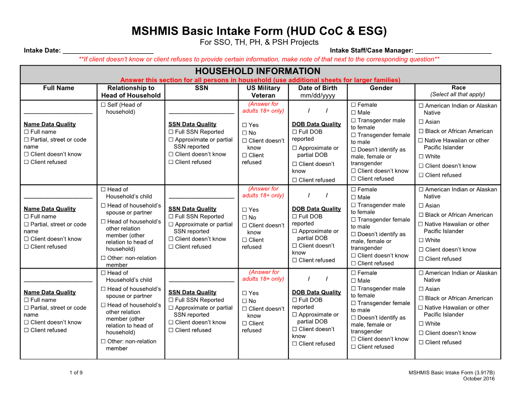 MSHMIS Basic Intake Form (HUD Coc & ESG)