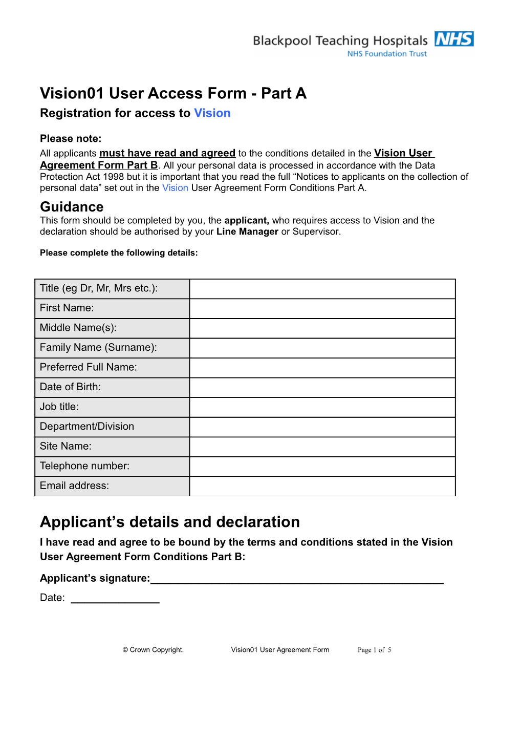 Vision01 User Access Form - Part A