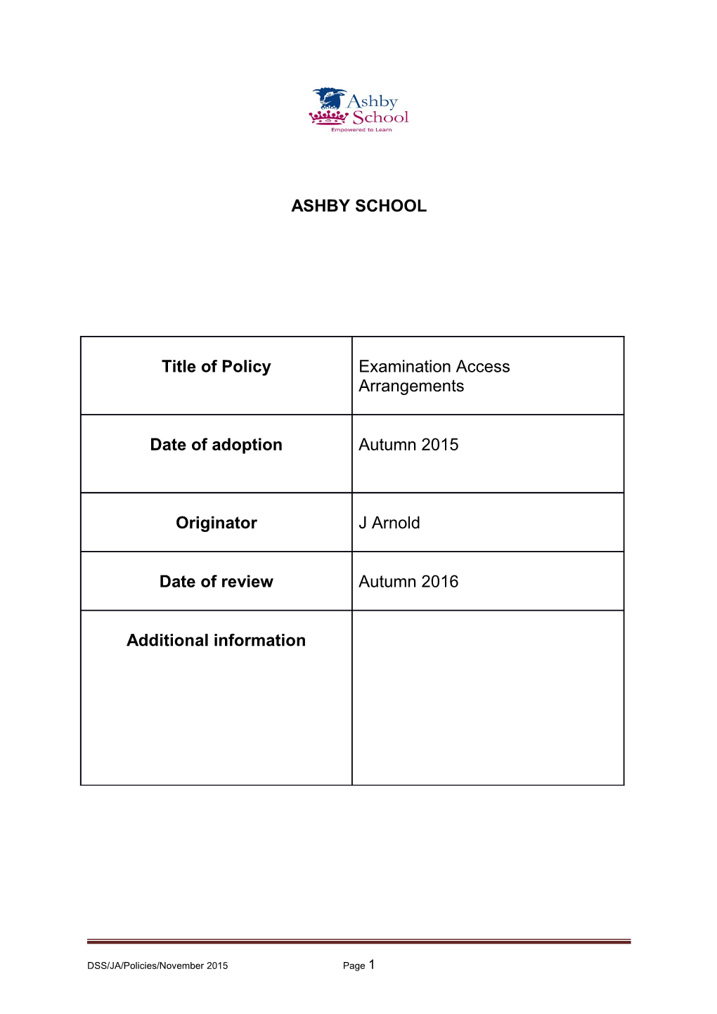 Examination Access Arrangements Policy