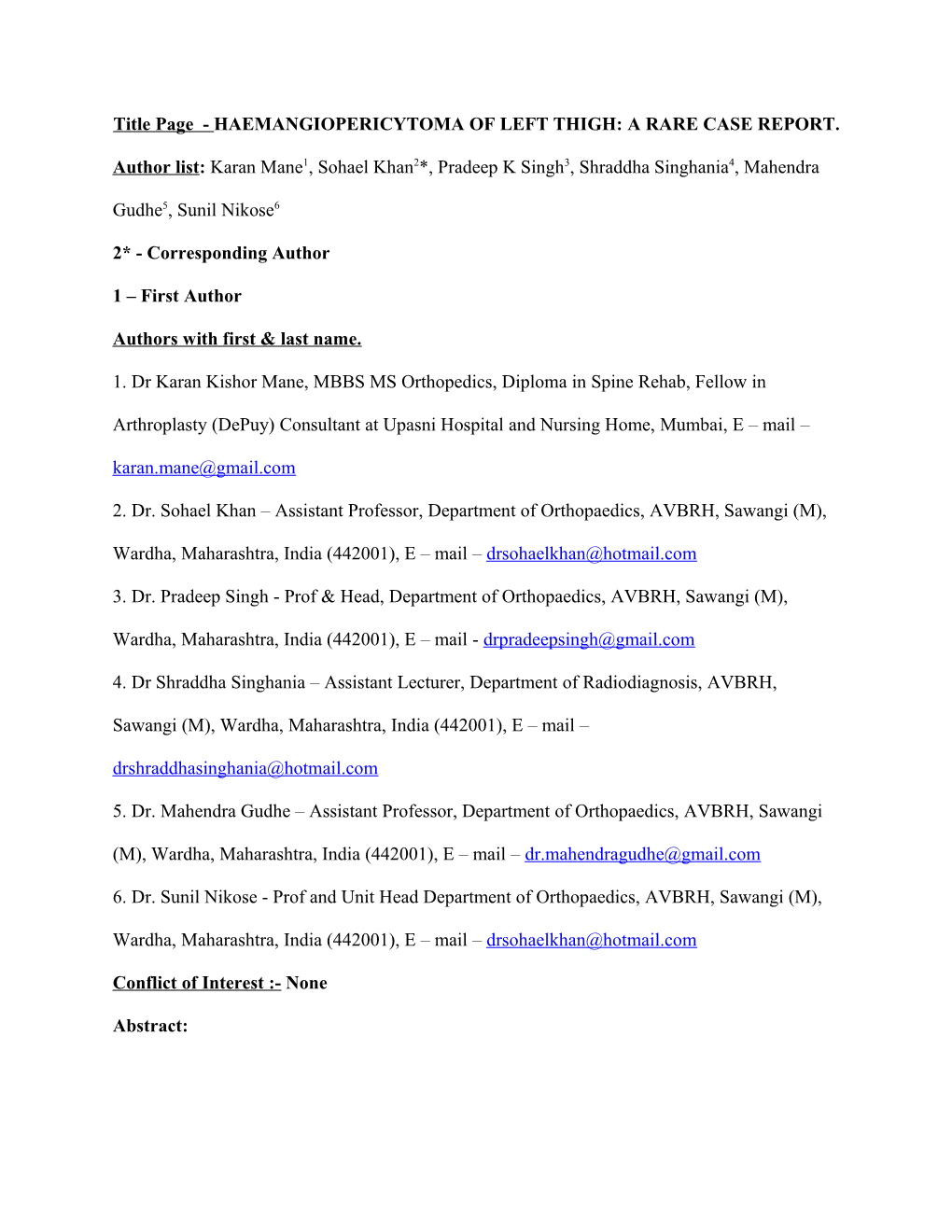 Title Page - HAEMANGIOPERICYTOMA of LEFT THIGH: a RARE CASE REPORT