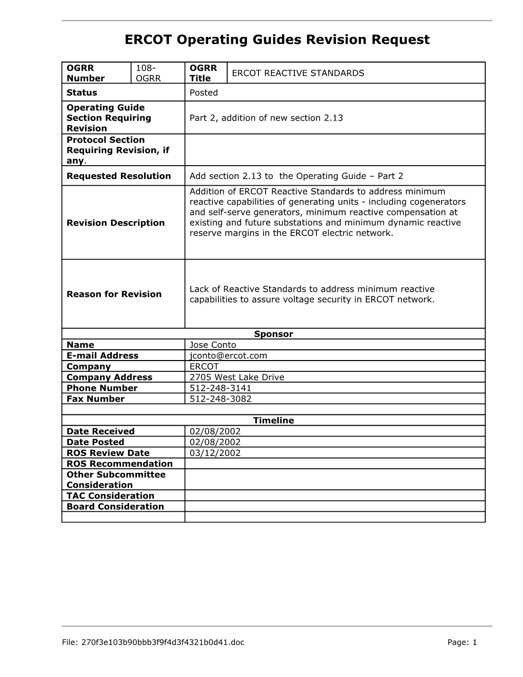 ERCOT Operating Guides Revision Request