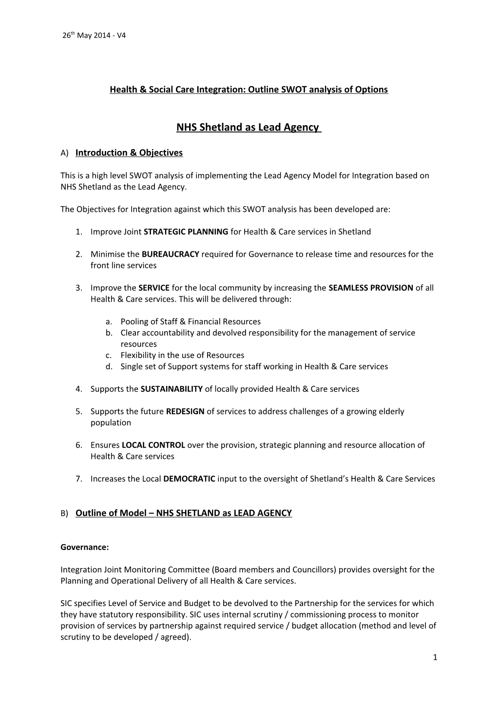 Health & Social Care Integration: Outline SWOT Analysis of Options