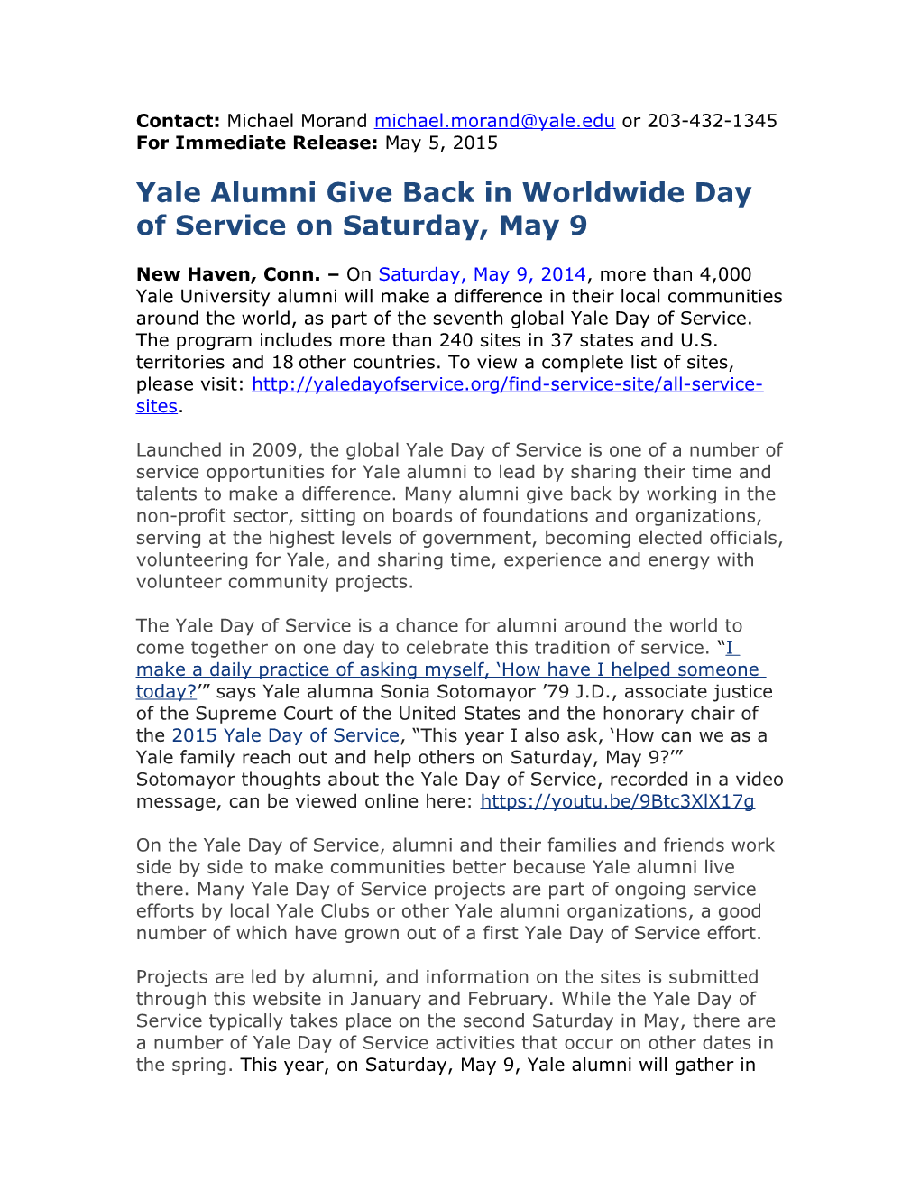 Yale Alumni Give Back in Worldwide Day of Service on Saturday, May 9