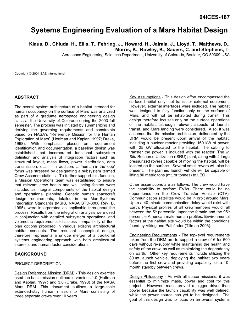 Systems Engineering Evaluation of a Mars Habitat Design