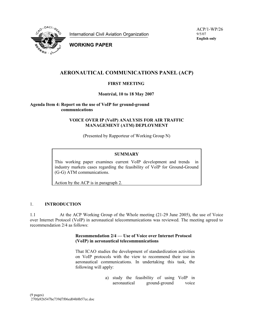 Voice Over IP (Voip) Analysis for Air Traffic Management (ATM) Deployment