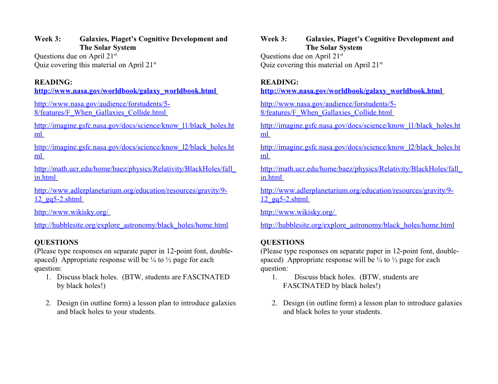 Week 3: Galaxies, Piaget S Cognitive Development and the Solar System