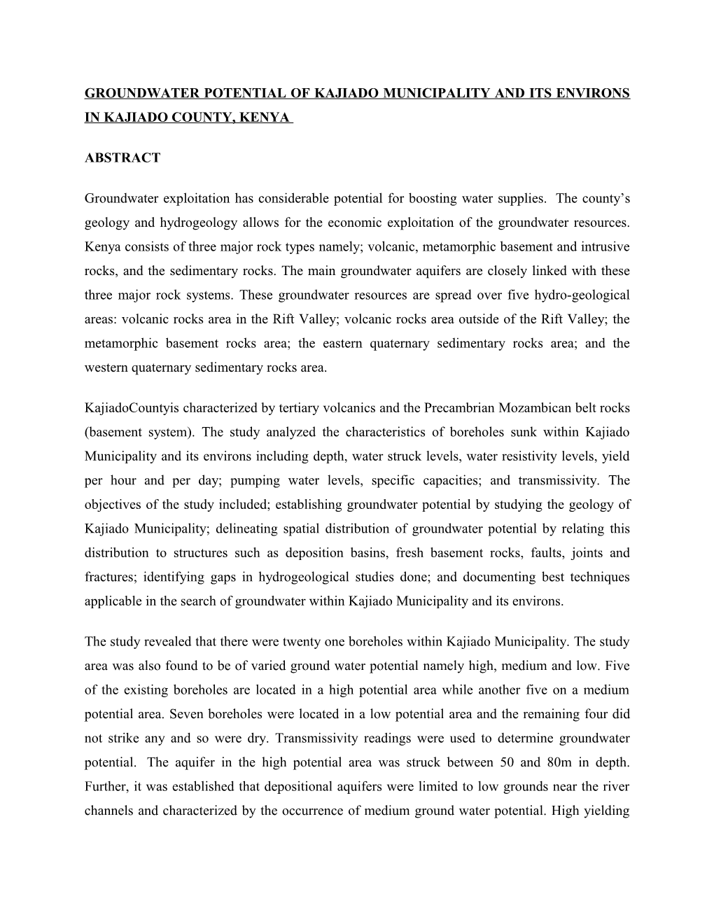 Groundwater Potential of Kajiado Municipality and Its Environs in Kajiado County, Kenya