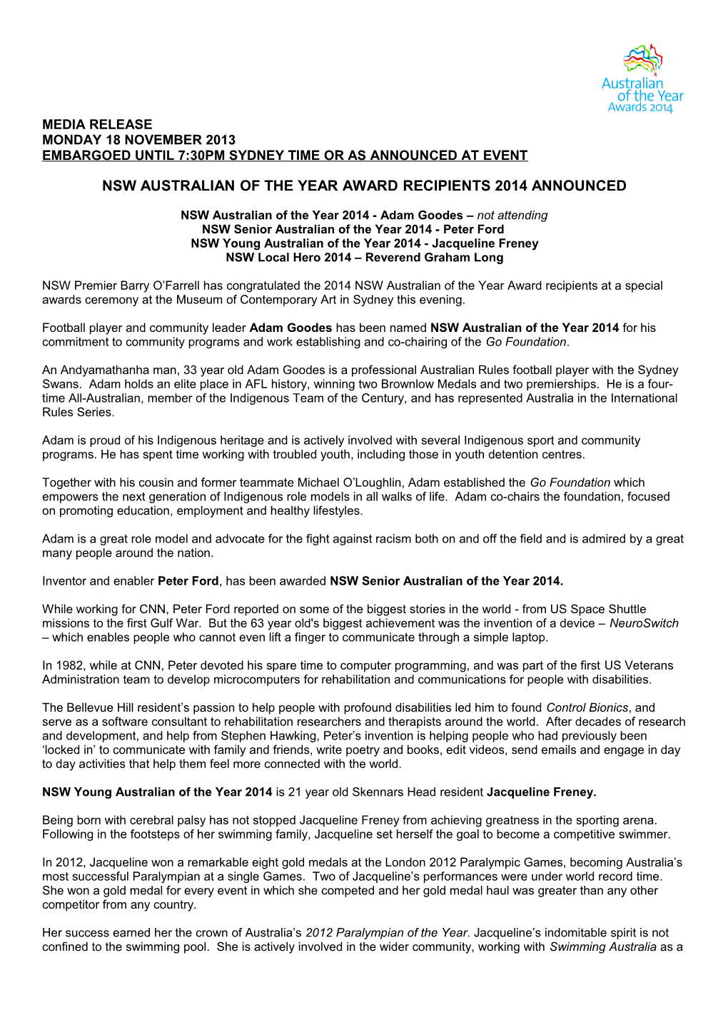 Nsw Australian of the Year Award Recipients 2014 Announced