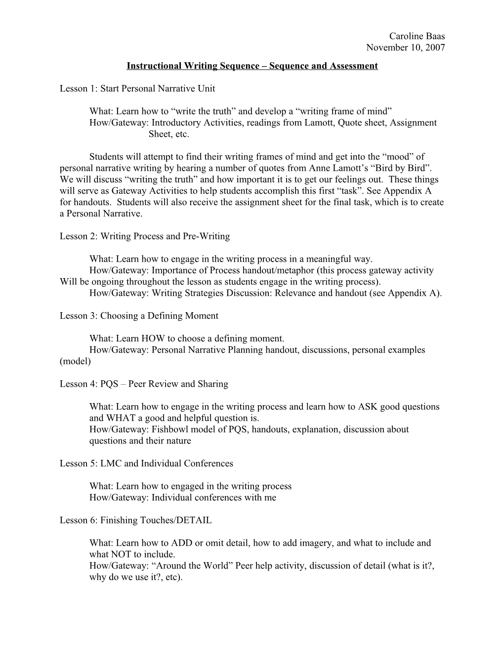 Instructional Writing Sequence Sequence and Assessment