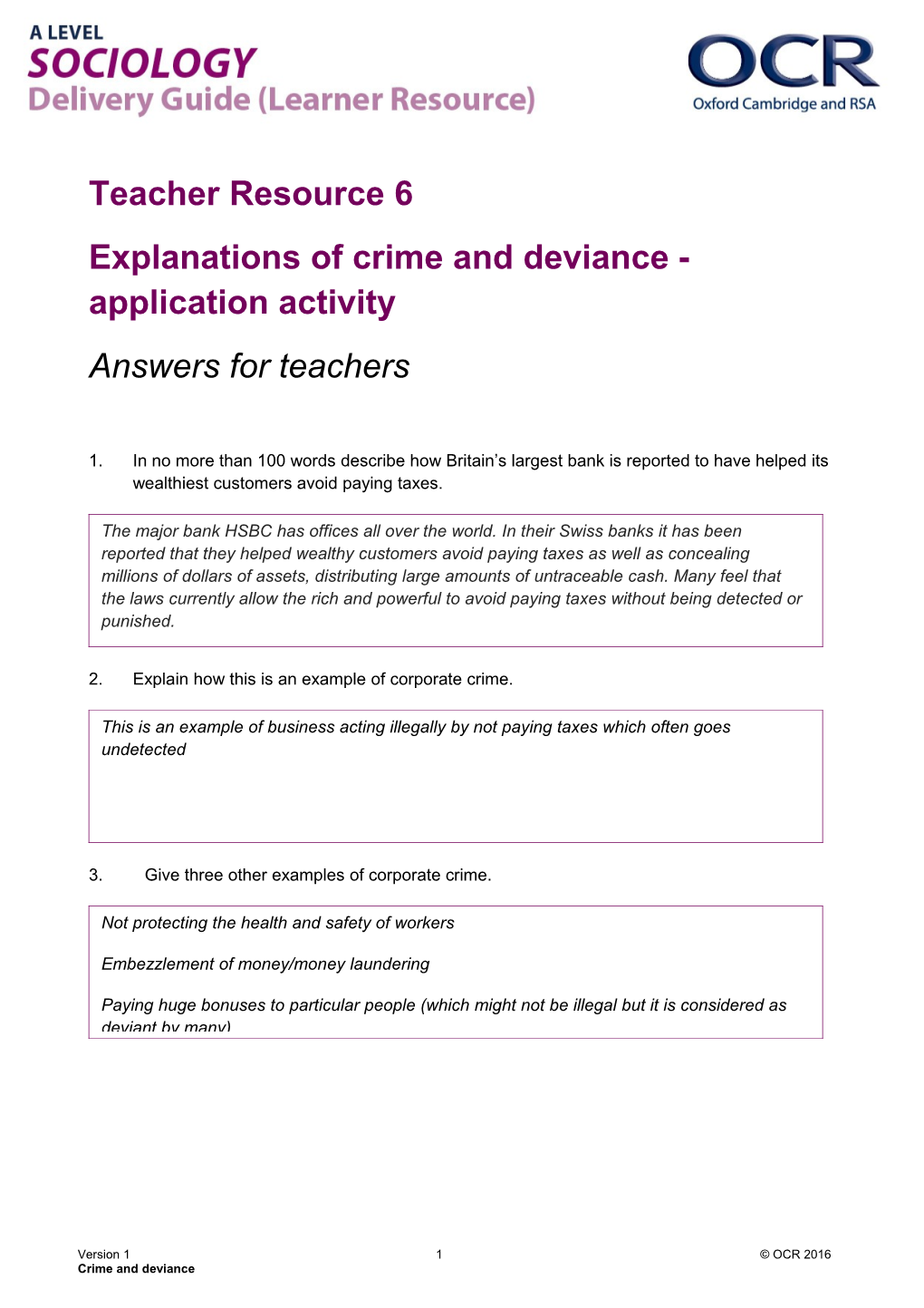 OCR a Level Sociology Delivery Guide Teacher Resource Activity 6