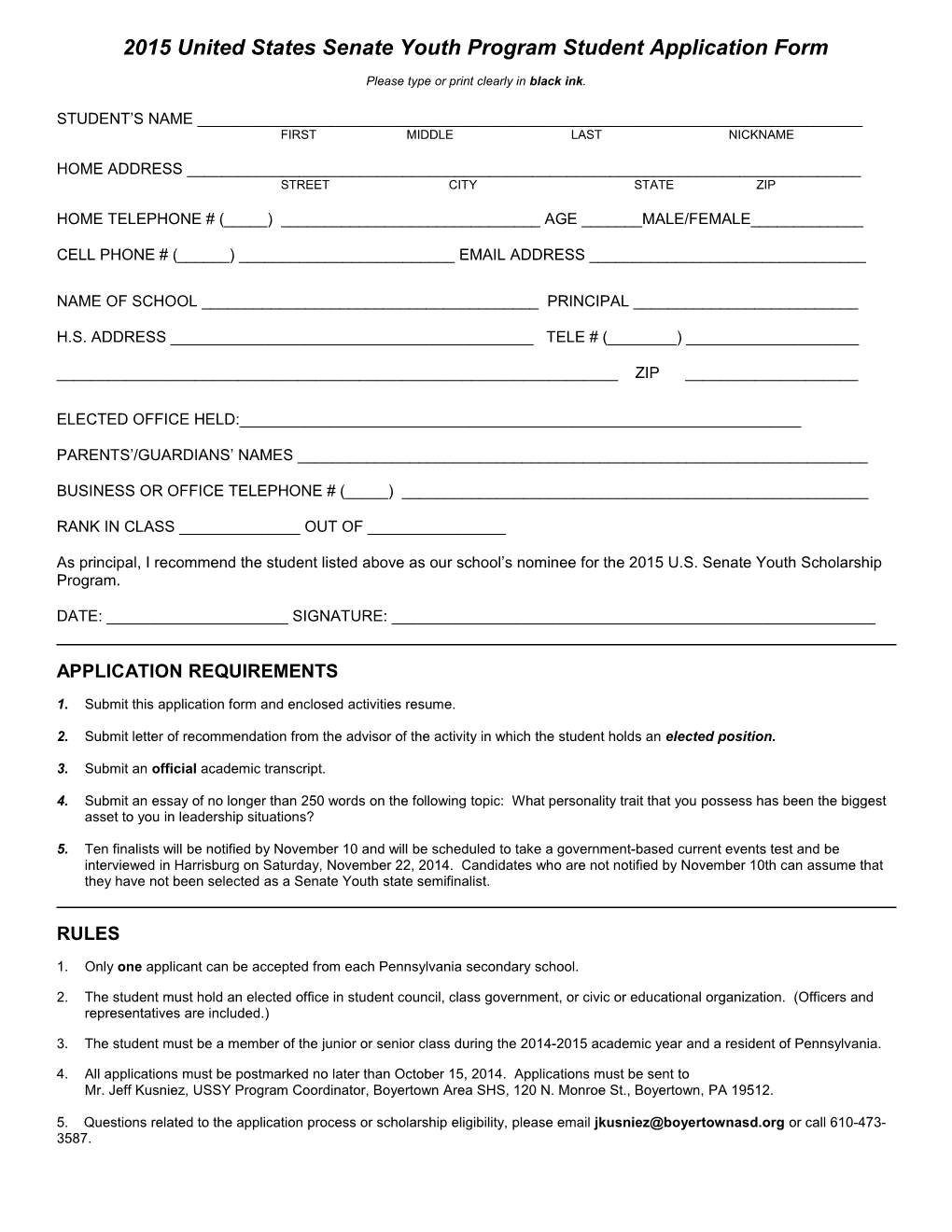 2011 United States Senate Youth Program Student Application Form